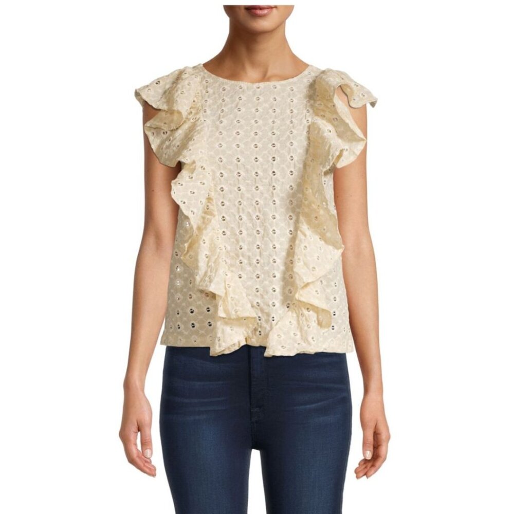 70/21 NWT Ruffled Embroidered Eyelet Semi Crop Top Sleeveless Cream Size M